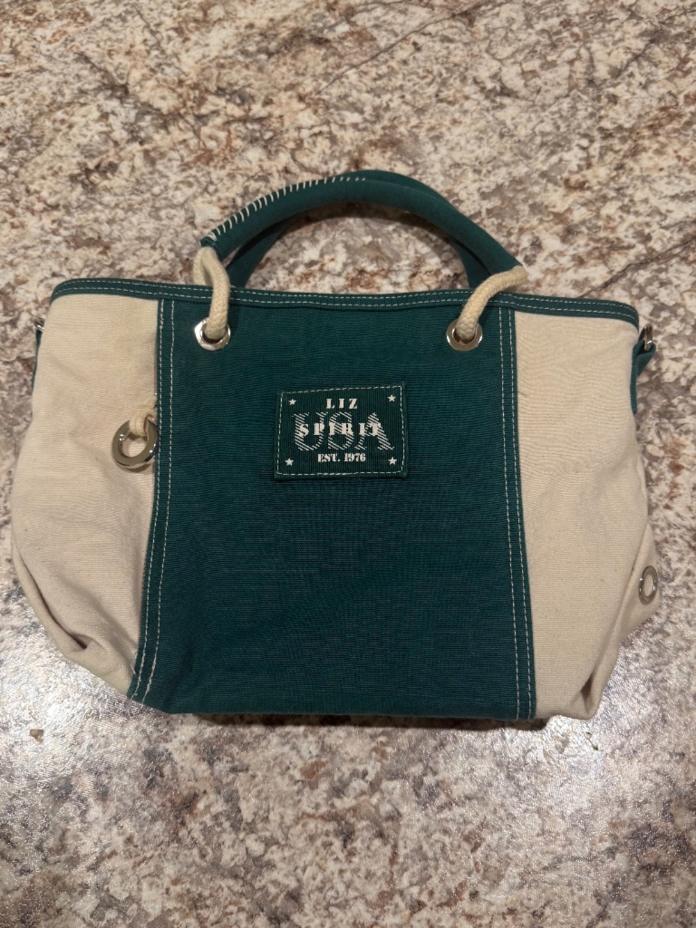 Vintage Liz Claiborne Liz Spirit Handbag Tote Creme Green Canvas